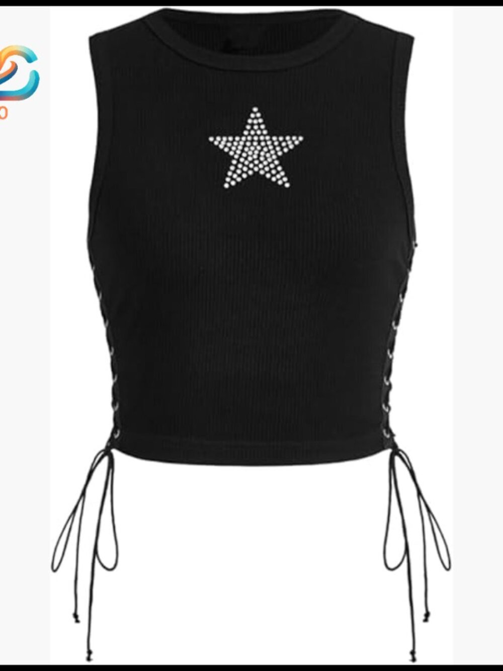 Ribbed Crop Tank Top with Star Rhinestone Lace Up Detail Sleeveless
